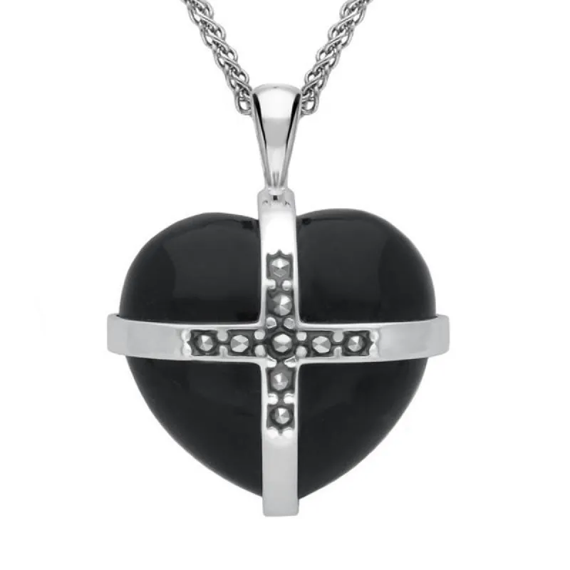 Sterling Silver Whitby Jet Marcasite Large Cross Heart Necklace sold by C.W. Sellors