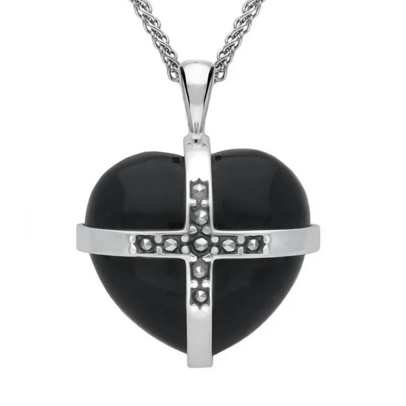 Sterling Silver Whitby Jet Marcasite Large Cross Heart Necklace sold by C.W. Sellors