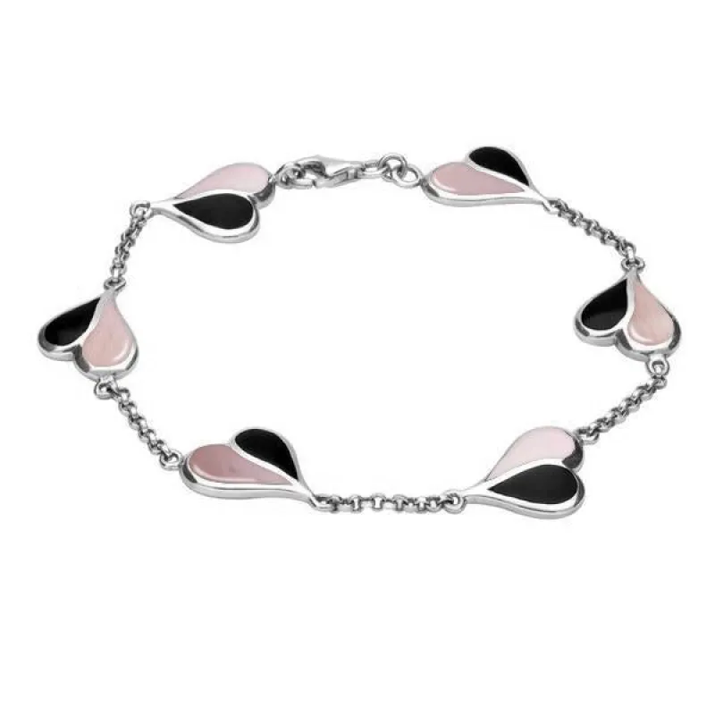 Sterling Silver Whitby Jet Pink Mother of Pearl Split Heart Bracelet sold by C.W. Sellors