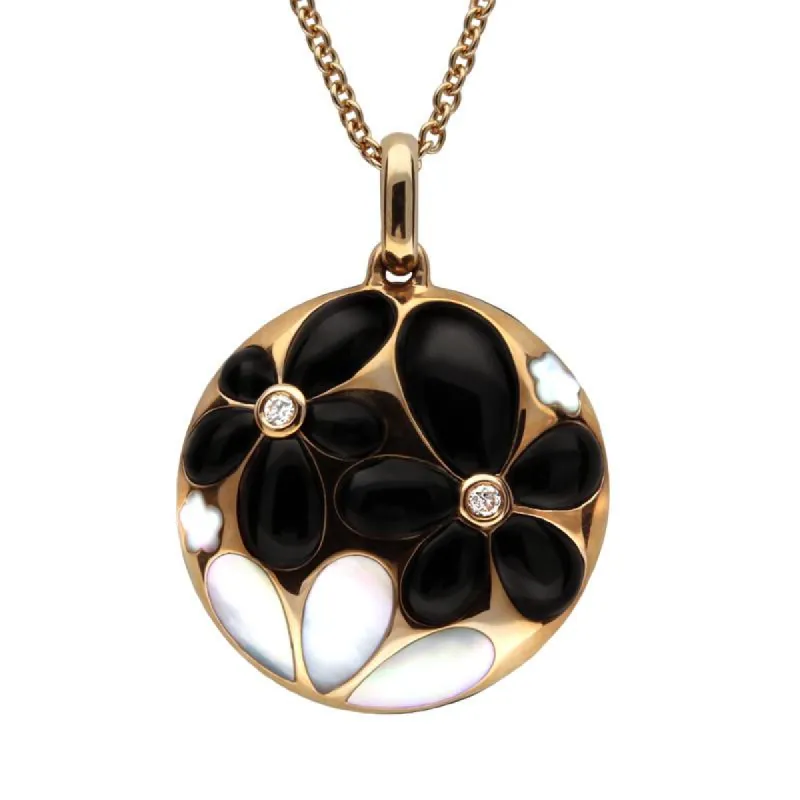 18ct Rose Gold Whitby Jet 0.01 Carat Diamond Flower Circle Pendant D sold by C.W. Sellors