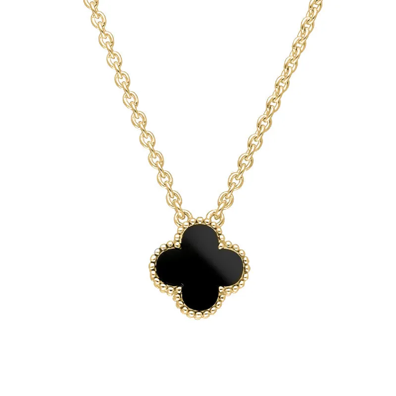 18ct Yellow Gold Whitby Jet Bloom Small Four Leaf Clover Ball Edge Chain Necklace sold by C.W. Sellors