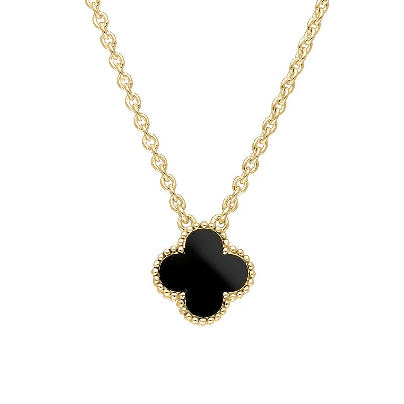18ct Yellow Gold Whitby Jet Bloom Small Four Leaf Clover Ball Edge Chain Necklace sold by C.W. Sellors