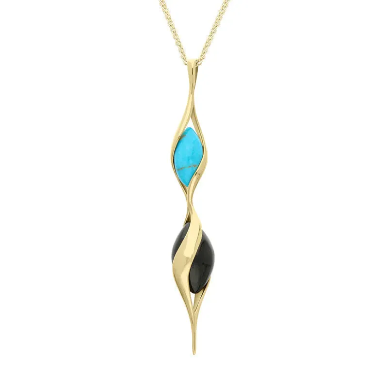 9ct Yellow Gold Whitby Jet Turquoise Double Bead Twist Necklace sold by C.W. Sellors