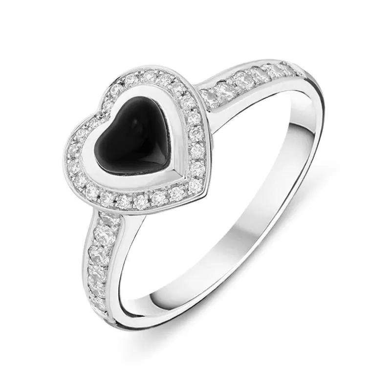 18ct White Gold Whitby Jet 0.24ct Diamond Shoulder Heart Ring D sold by C.W. Sellors