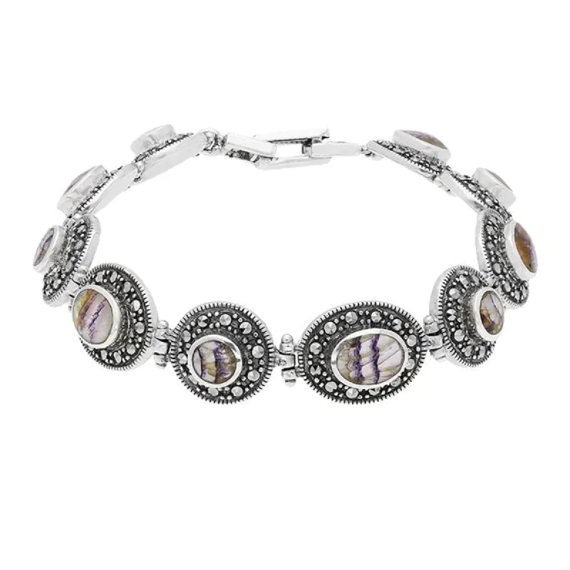 Sterling Silver Blue John Marcasite Oval Link Bracelet sold by C.W. Sellors