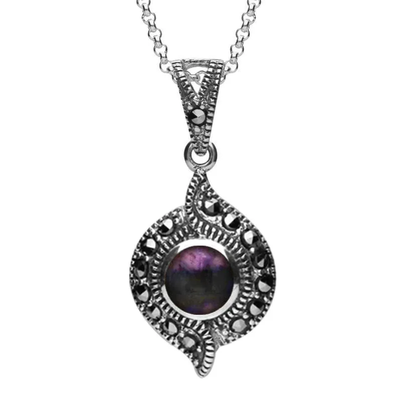 Sterling Silver Blue John Marcasite Twisted Round Pendant Necklace sold by C.W. Sellors