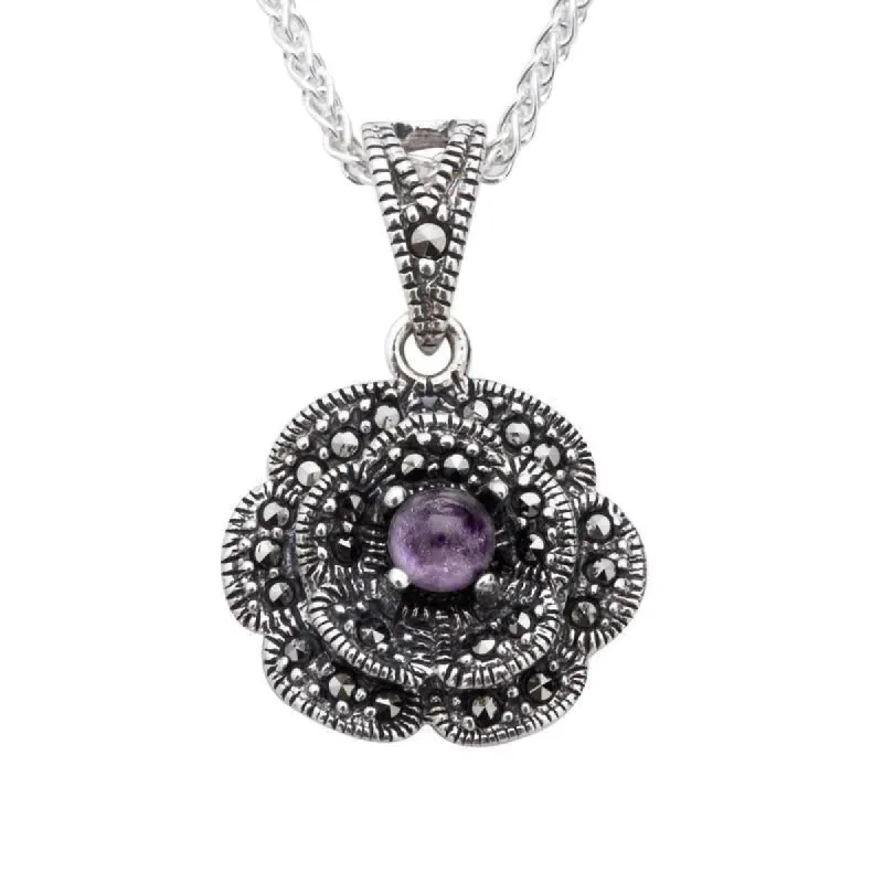 Sterling Silver Blue John Marcasite Flower Pendant Necklace sold by C.W. Sellors