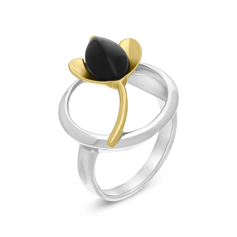 18ct Yellow Gold Plated Sterling Silver Whitby Jet Open Circle Leaf Ring sold by C.W. Sellors