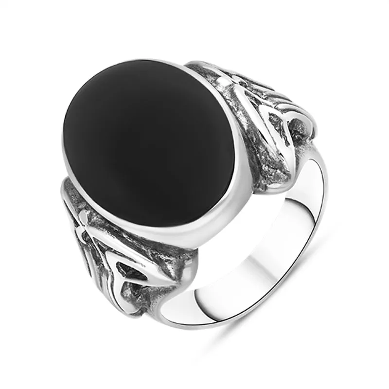 Sterling Silver Whitby Jet Oval Carved Side Ring sold by C.W. Sellors