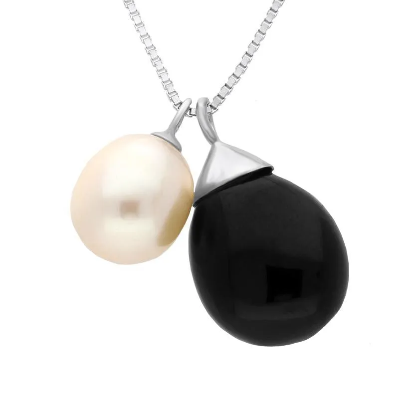 Sterling Silver Whitby Jet Pearl Double Drop Necklace D sold by C.W. Sellors