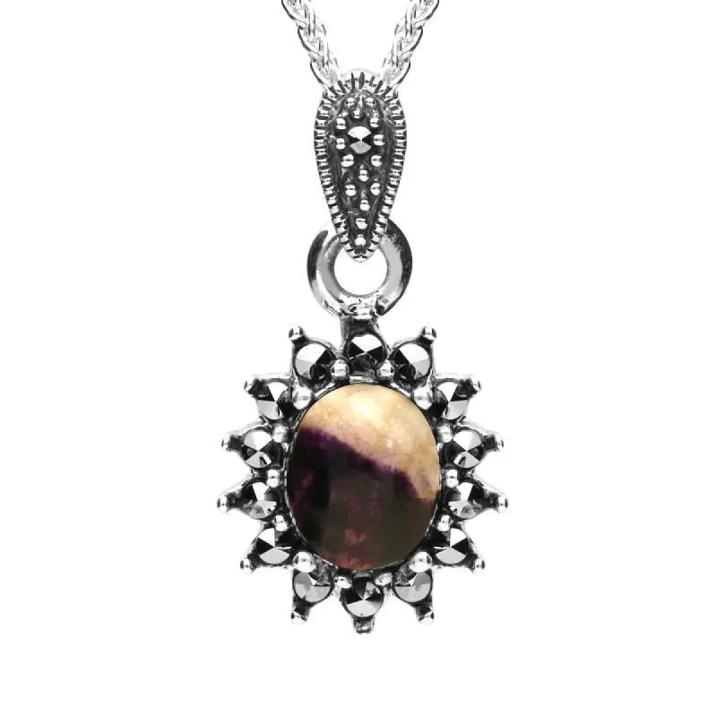 Sterling Silver Blue John Marcasite Oval Bead Edge Necklace sold by C.W. Sellors