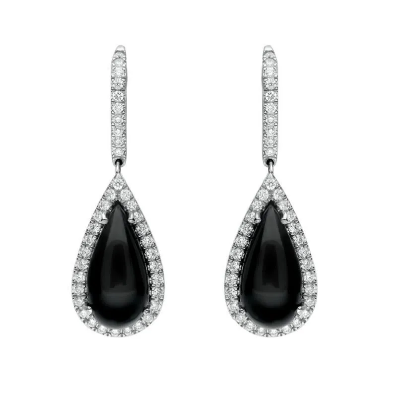 18ct White Gold Whitby Jet 0.73ct Diamond Pear Drop Earrings sold by C.W. Sellors
