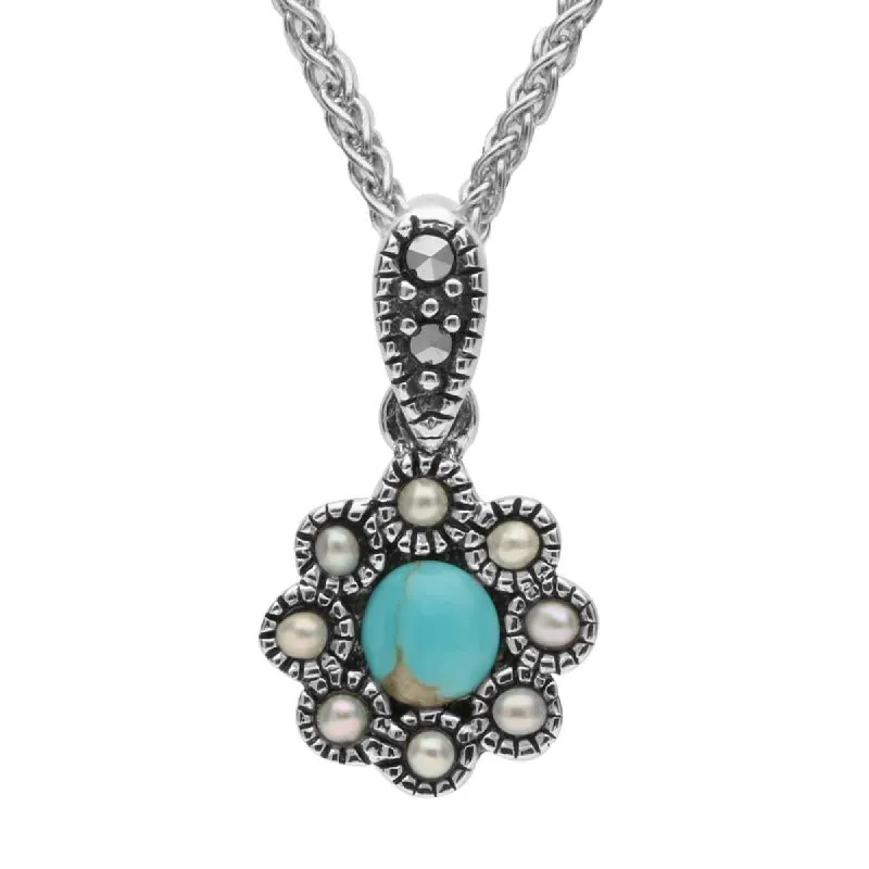 Sterling Silver Turquoise Marcasite Pearl Rounded Bead Edge Pendant Necklace sold by C.W. Sellors