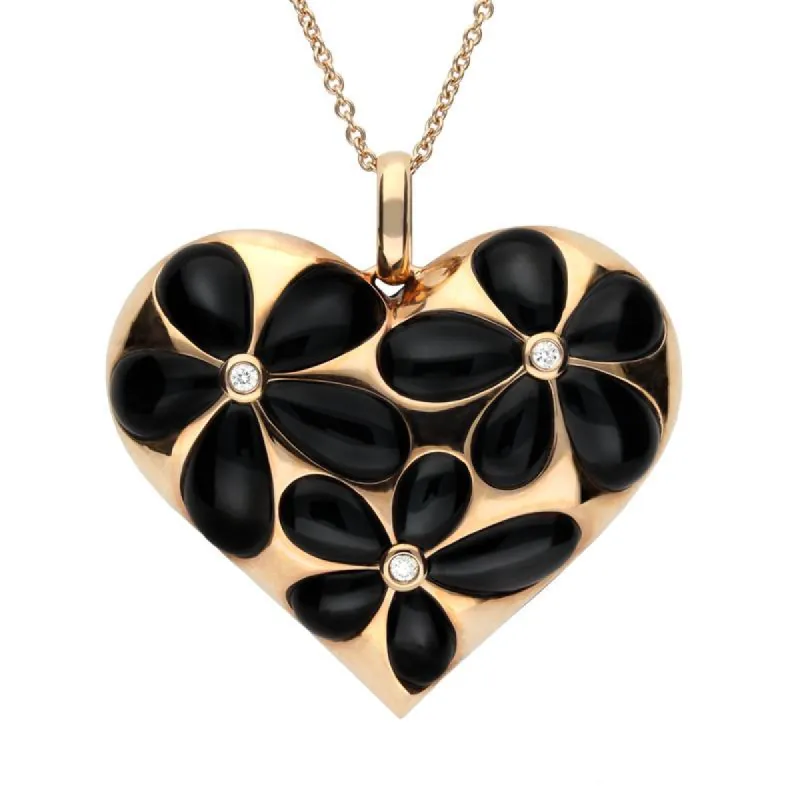 18ct Rose Gold Whitby Jet 0.05 Carat Diamond Large Heart Pendant sold by C.W. Sellors