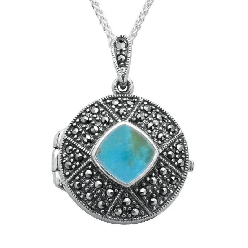 Sterling Silver Turquoise Marcasite Cushion Patterned Locket sold by C.W. Sellors