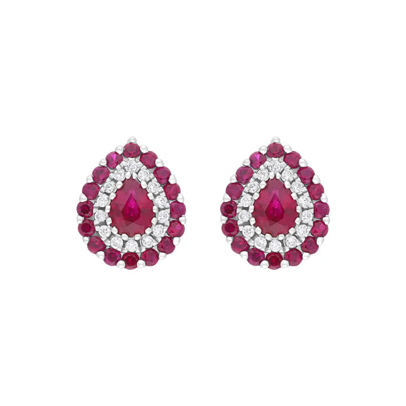 18ct White Gold Ruby Diamond Surround Teardrop Stud Earrings sold by C.W. Sellors