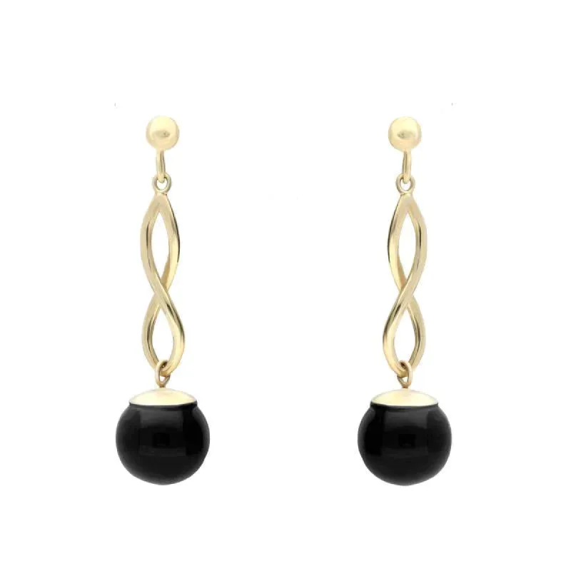 9ct Yellow Gold Whitby Jet 8mm Bead Twist Drop Earrings sold by C.W. Sellors