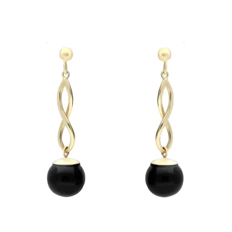 9ct Yellow Gold Whitby Jet 8mm Bead Twist Drop Earrings sold by C.W. Sellors