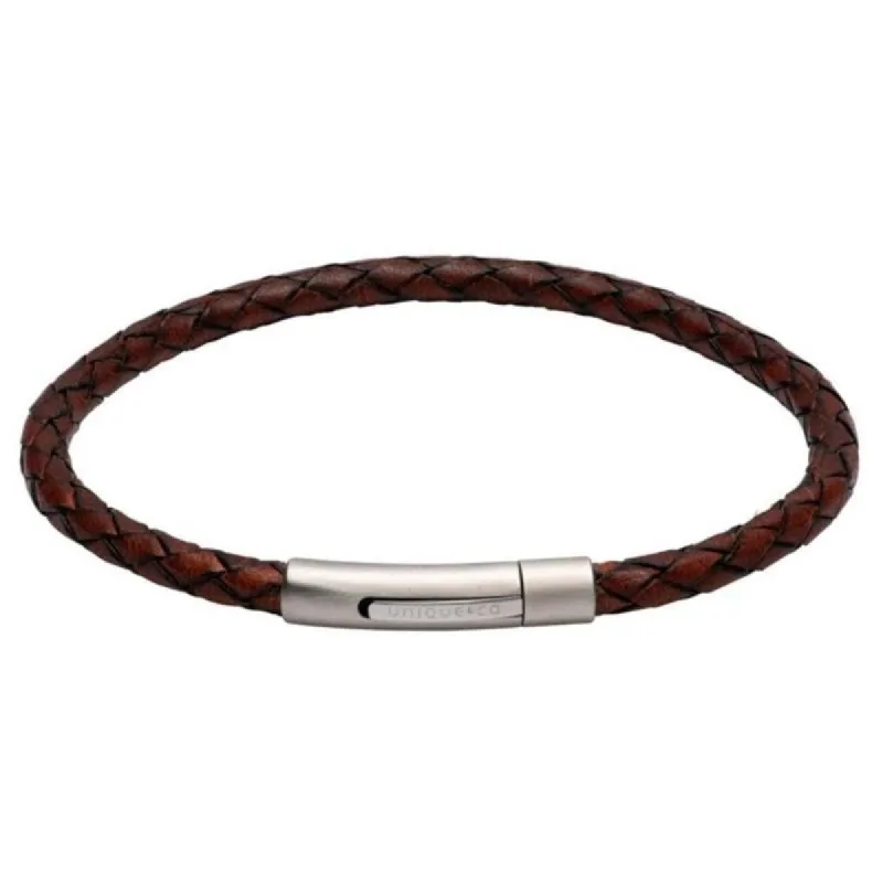 Unique & Co Matte Stainless Steel Dark Brown Leather Bracelet sold by C.W. Sellors