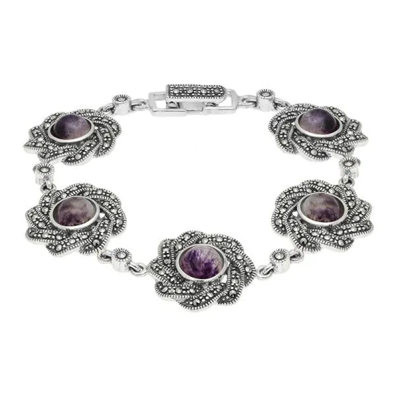Sterling Silver Blue John Marcasite Flower link Bracelet sold by C.W. Sellors