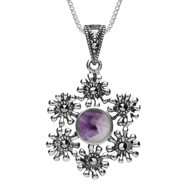 Sterling Silver Blue John Marcasite Flower Petal Necklace sold by C.W. Sellors