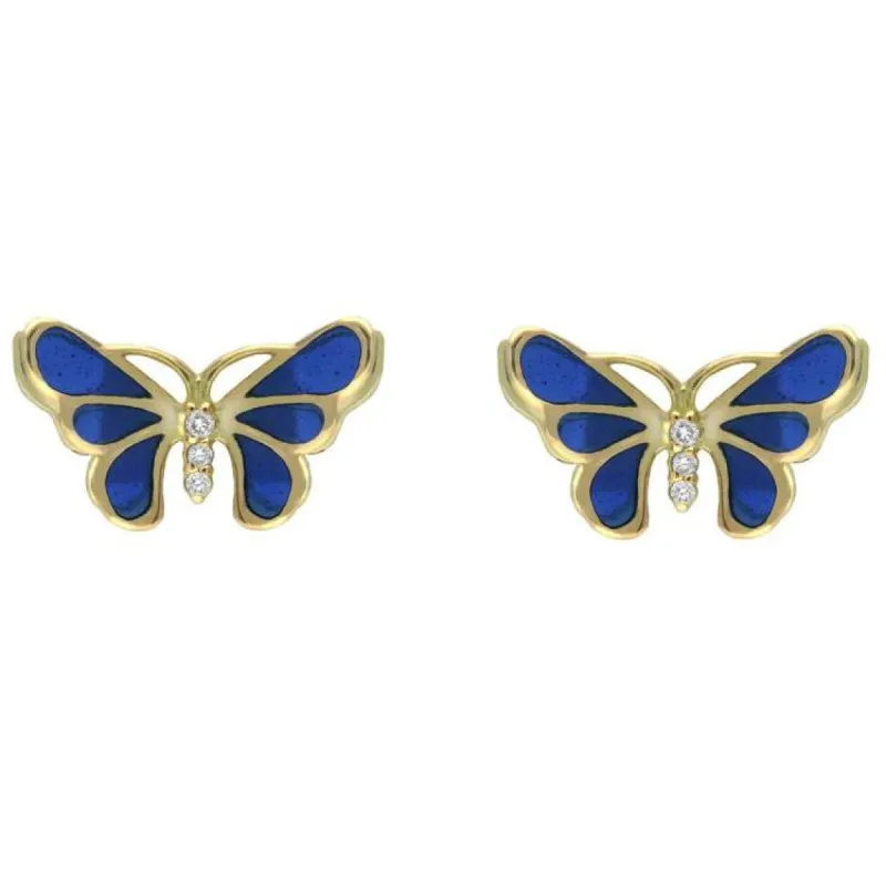 18ct Yellow Gold Diamond Blue Enamel Style & Fashion Butterfly Stud Earrings sold by C.W. Sellors