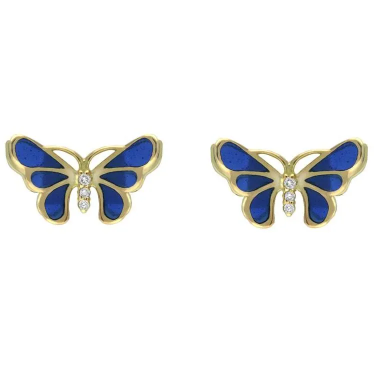 18ct Yellow Gold Diamond Blue Enamel Style & Fashion Butterfly Stud Earrings sold by C.W. Sellors
