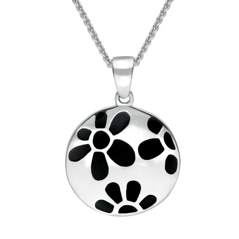 Sterling Silver Whitby Jet Inlaid Flower Necklace D sold by C.W. Sellors