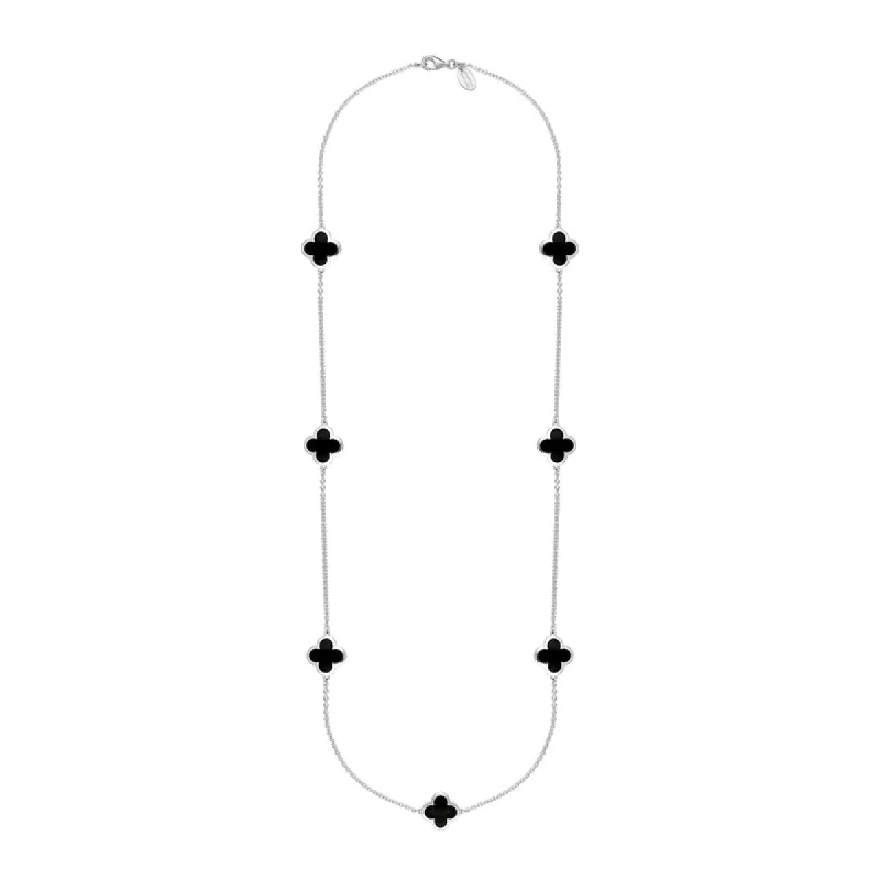 18ct White Gold Whitby Jet Bloom Four Leaf Clover Long Necklace sold by C.W. Sellors