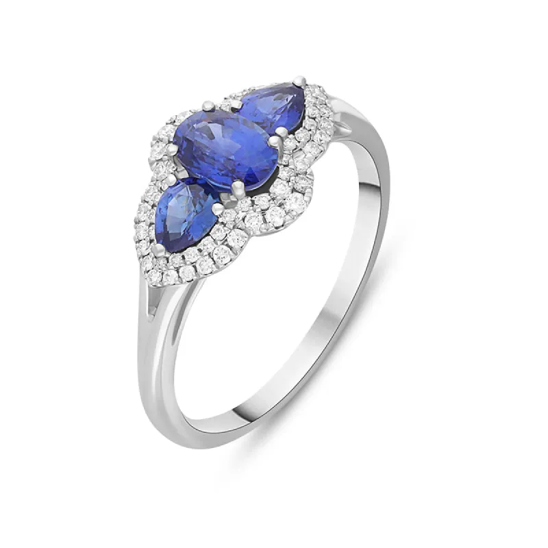 18ct White Gold 1.47ct Diamond Sapphire Cluster Trilogy Ring sold by C.W. Sellors