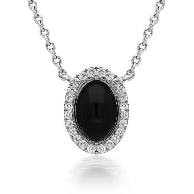18ct White Gold Whitby Jet 0.10ct Diamond Oval Cluster Necklace sold by C.W. Sellors