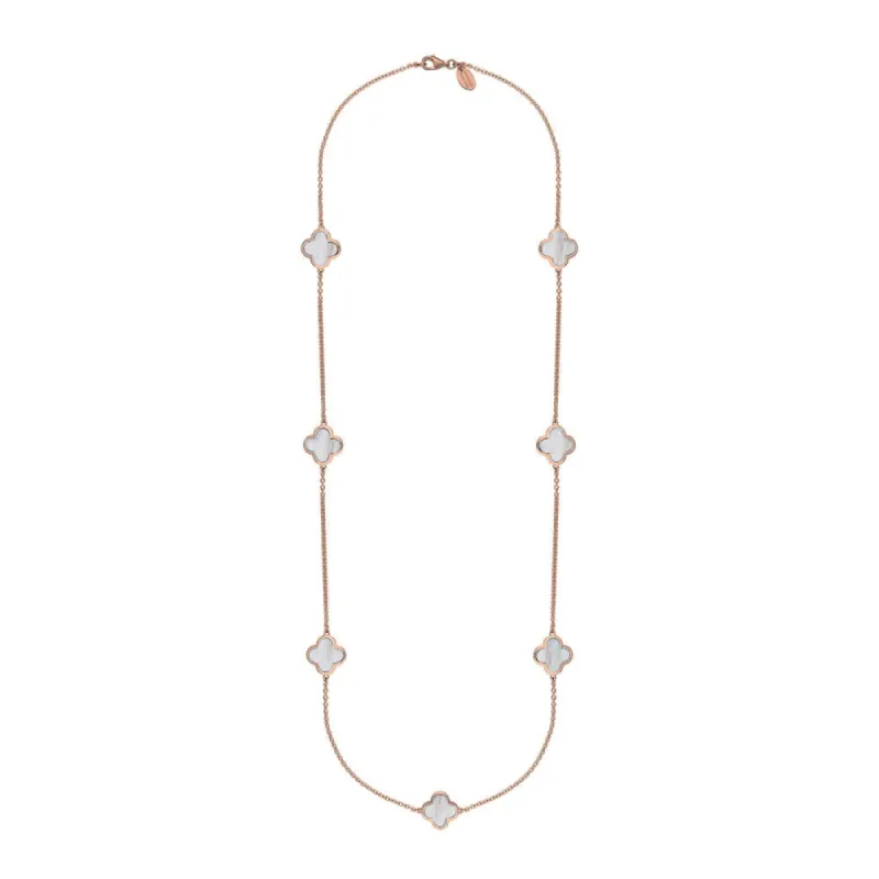 18ct Rose Gold White Mother of Pearl Bloom Four Leaf Clover Long Necklace sold by C.W. Sellors