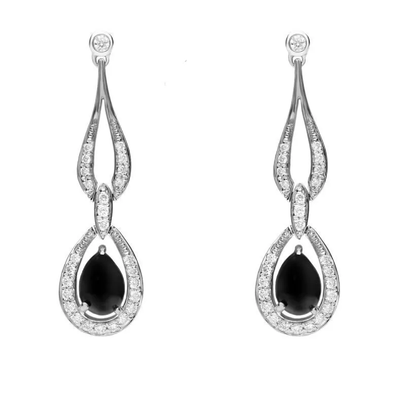 18ct White Gold Whitby Jet Diamond Loop Drop Earrings D made by C.W. Sellors