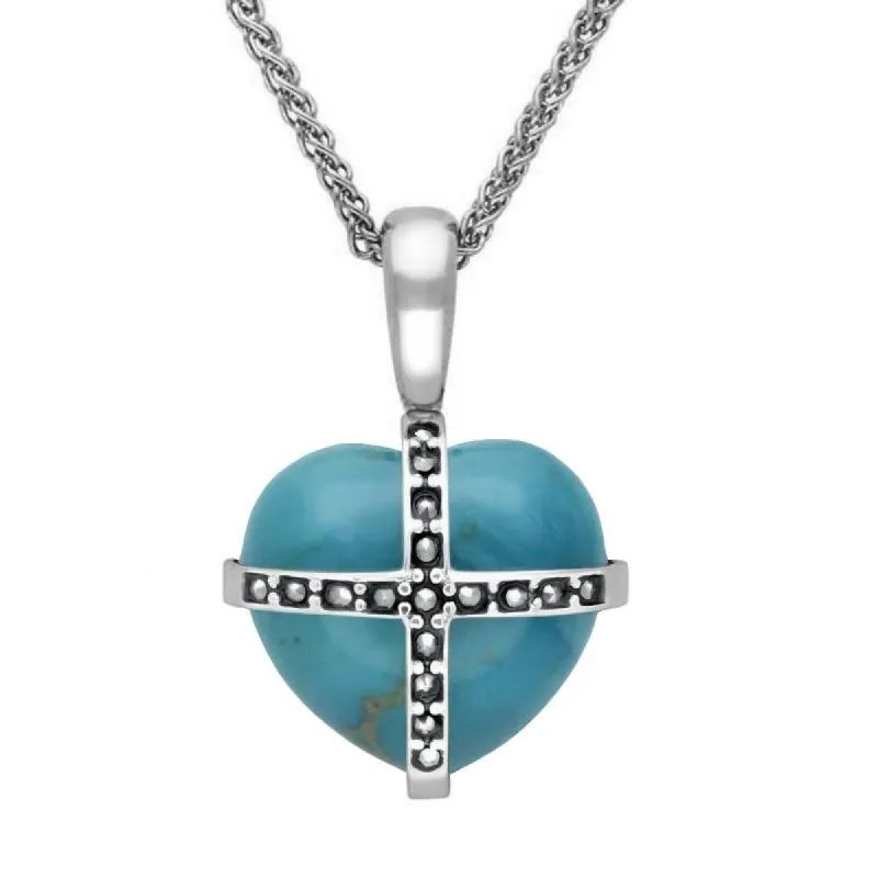 Sterling Silver Turquoise Marcasite Small Cross Heart Necklace sold by C.W. Sellors