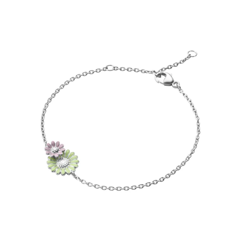 Georg Jensen Stine Goya Daisy Sterling Silver Green and Pink Enamel Chain Bracelet sold by C.W. Sellors