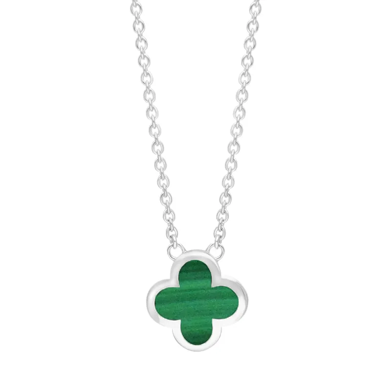 18ct White Gold Malachite Bloom Small Four Leaf Clover Polished Edge Pendant sold by C.W. Sellors