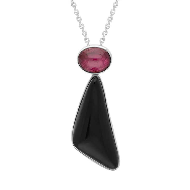 Sterling Silver Whitby Jet Pink Tourmaline Triangle Two Stone Necklace sold by C.W. Sellors