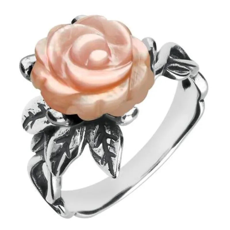 Sterling Silver Pink Mother of Pearl Tuberose 10mm Rose Leaf Twist Ring sold by C.W. Sellors
