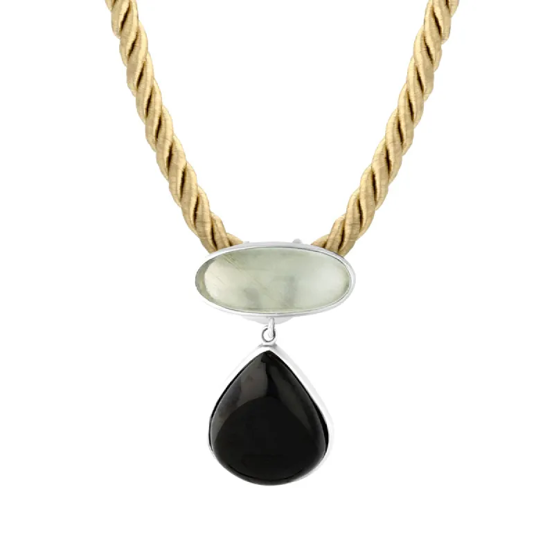 Sterling Silver Whitby Jet Aquamarine Oval Pear Drop Two Stone Drop Necklace sold by C.W. Sellors