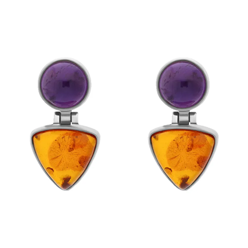 Sterling Silver Amber Amethyst Round Top Triangle Drop Stud Earrings D sold by C.W. Sellors