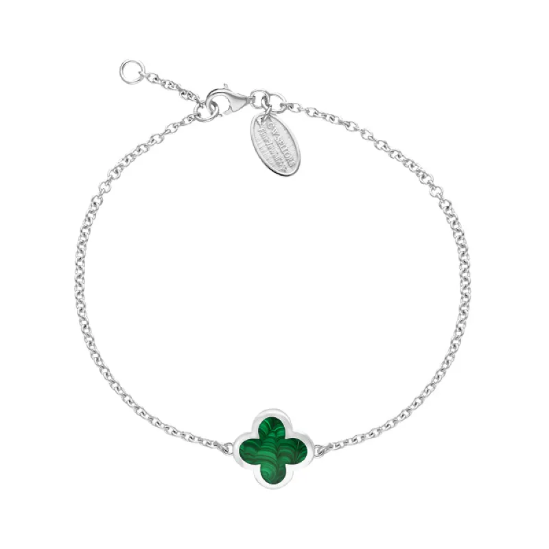 9ct White Gold Malachite Bloom Four Leaf Clover Polished Edge Bracelet sold by C.W. Sellors