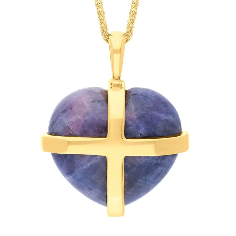 18ct Yellow Gold Northern Lights Greenland Sapphire Large Cross Heart Necklace sold by C.W. Sellors
