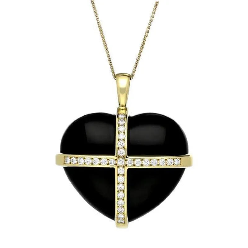 18ct Yellow Gold Whitby Jet 1.00ct Diamond Large Cross Heart Necklace D sold by C.W. Sellors
