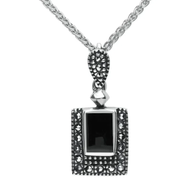 Sterling Silver Whitby Jet Marcasite Framed Oblong Necklace sold by C.W. Sellors