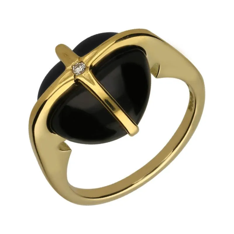 18ct Yellow Gold Whitby Jet Diamond Small Cross Heart Ring sold by C.W. Sellors