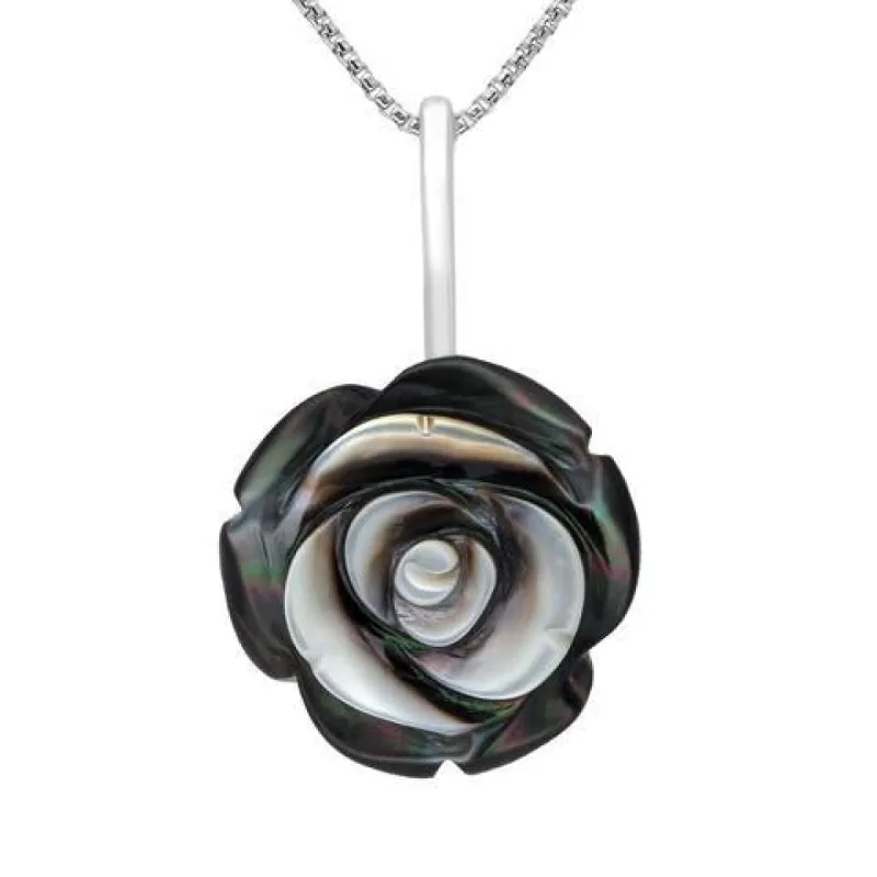 Sterling Silver Dark Mother of Pearl Tuberose 20mm Rose Necklace sold by C.W. Sellors
