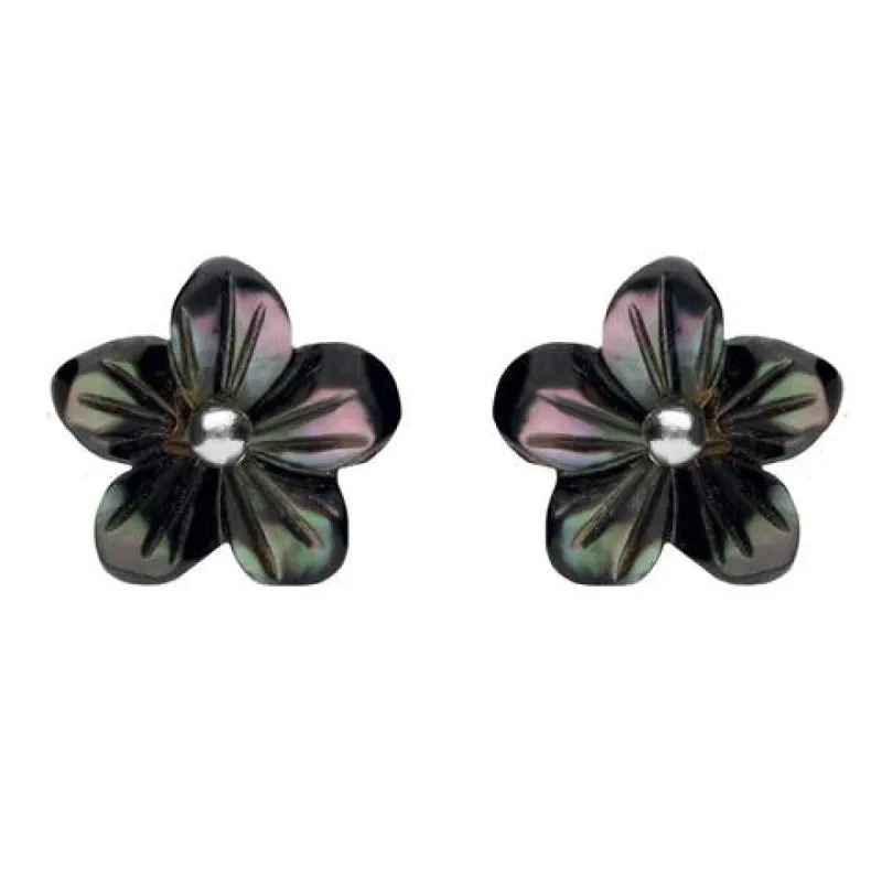 Sterling Silver Dark Mother of Pearl Tuberose 10mm Pansy Stud Earrings sold by C.W. Sellors
