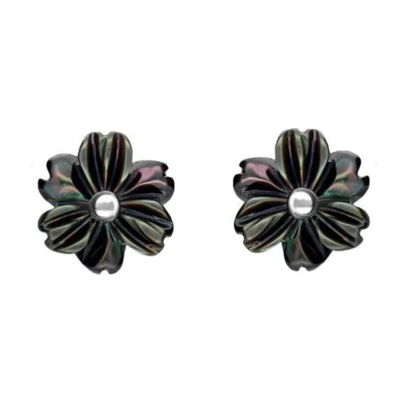 Sterling Silver Dark Mother of Pearl Tuberose 8mm Dahlia Stud Earrings sold by C.W. Sellors