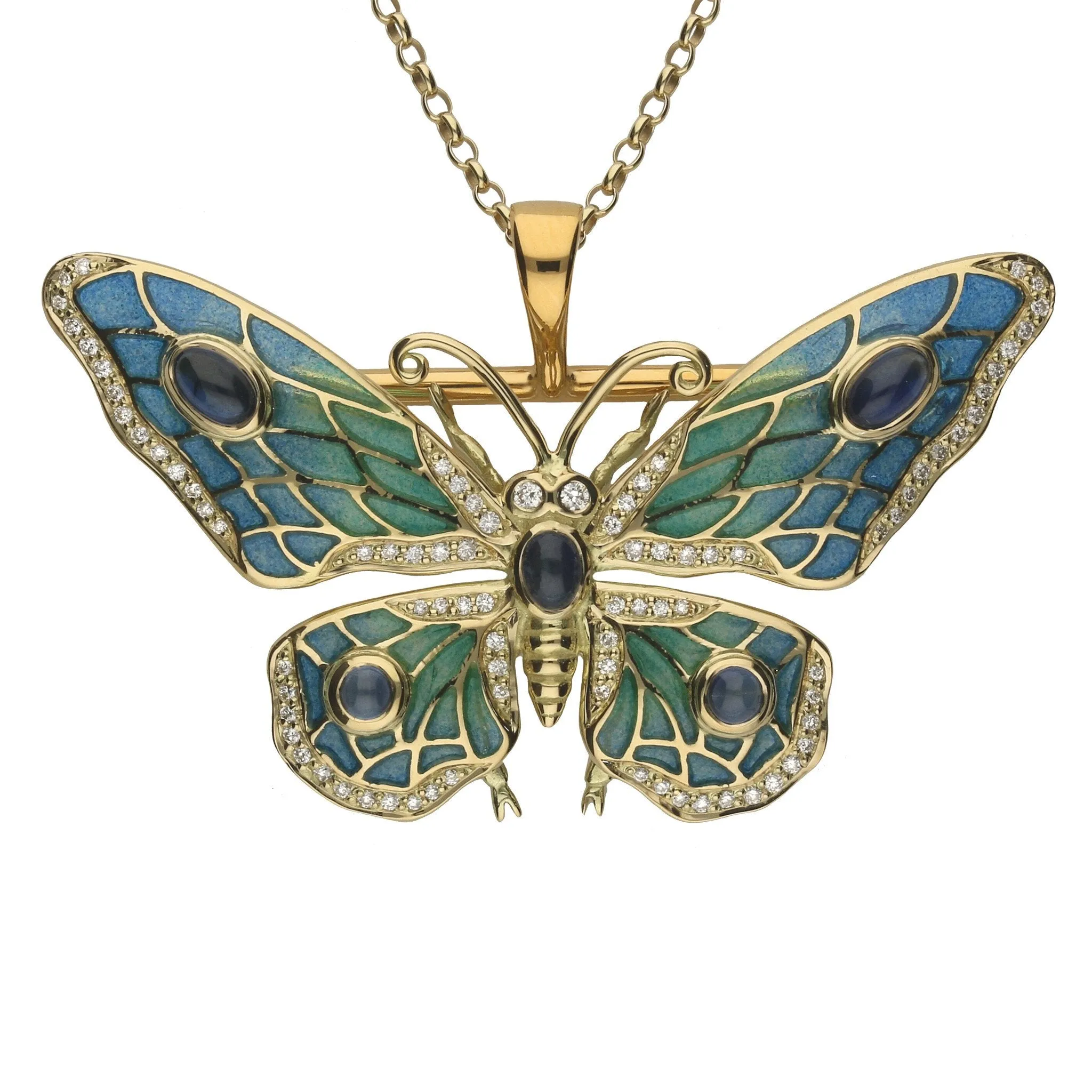 18ct Yellow Gold Diamond Moonstone Enamel Style & Fashion Butterfly Brooch Necklace sold by C.W. Sellors