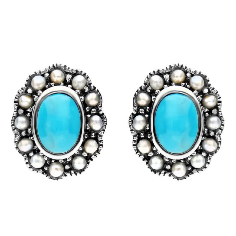 Sterling Silver Turquoise Pearl Oval Beaded Edge Stud Earrings sold by C.W. Sellors